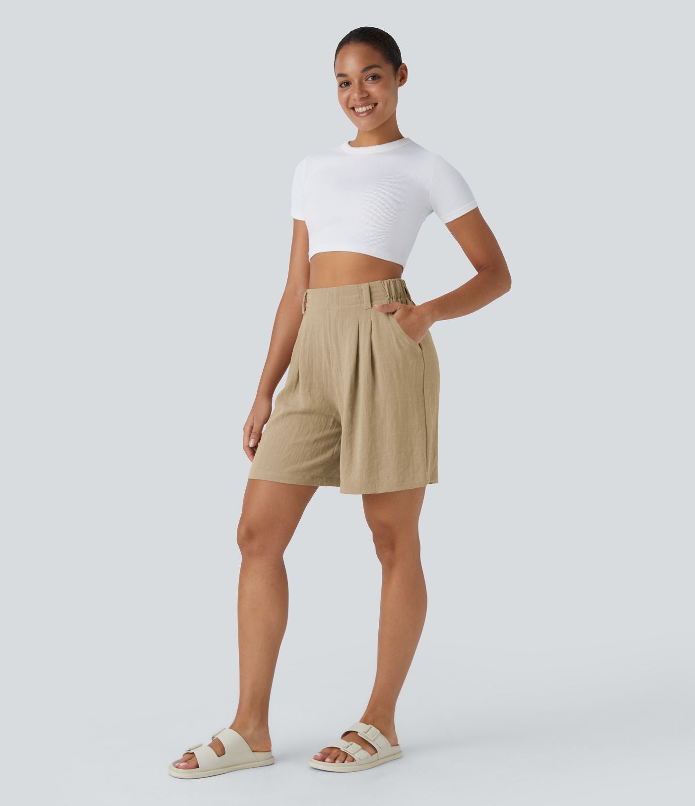 Bermuda Large Fluide Taille Haute avec Plis et Poches Latérales en Lin Synthétique