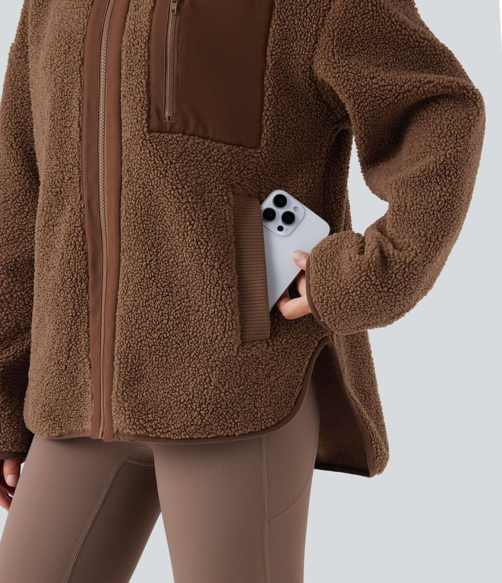 Veste de sport sherpa à manches longues avec ourlet asymétrique arrondi et poches