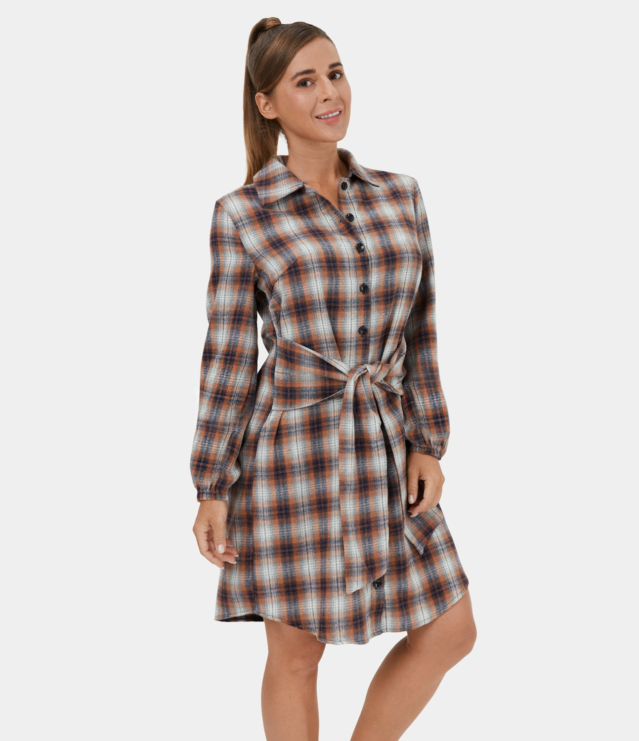 Robe Casual de Mini à Carreaux avec Col Boutons et Nœud à l'Avant
