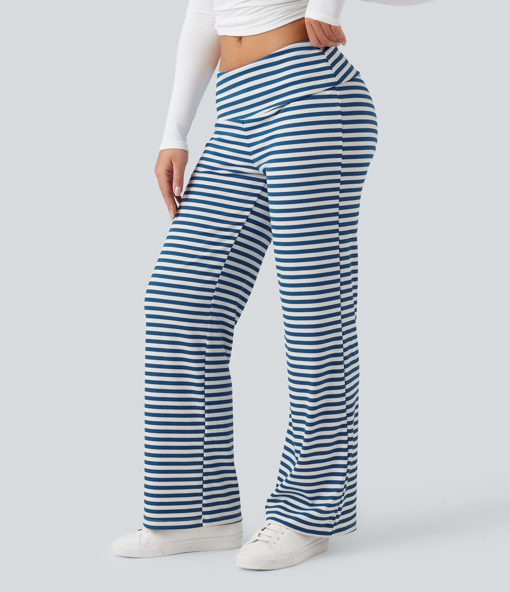 Pantalon évasé rayé taille basse à rabat