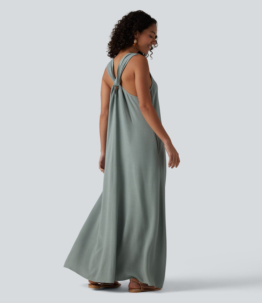 Robe maxi fluide de vacances en mélange de lin col U sans manches dos torsadé à poches