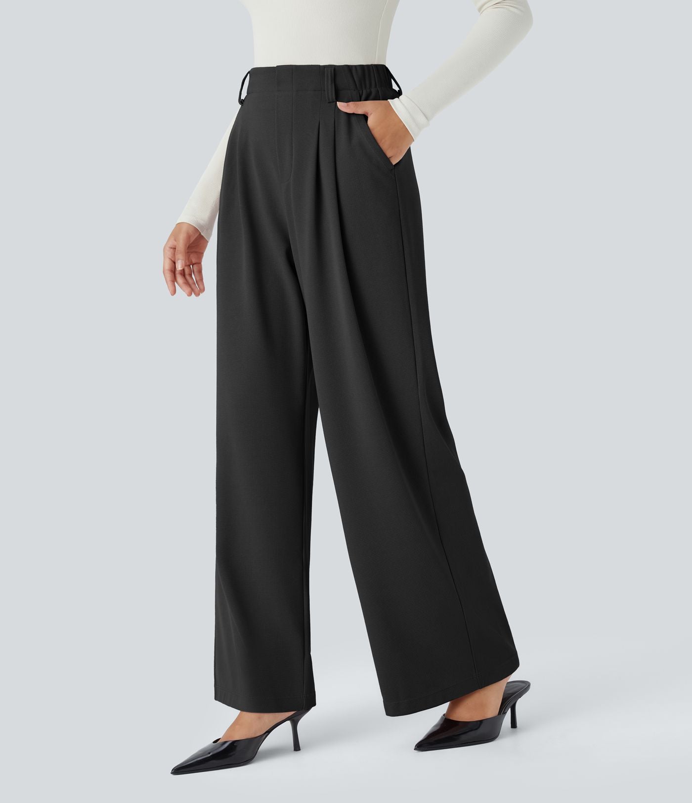 Halara Flex™ Pantalon Tailleur en tissu gaufré à taille haute, jambes larges, plis et poches latérales