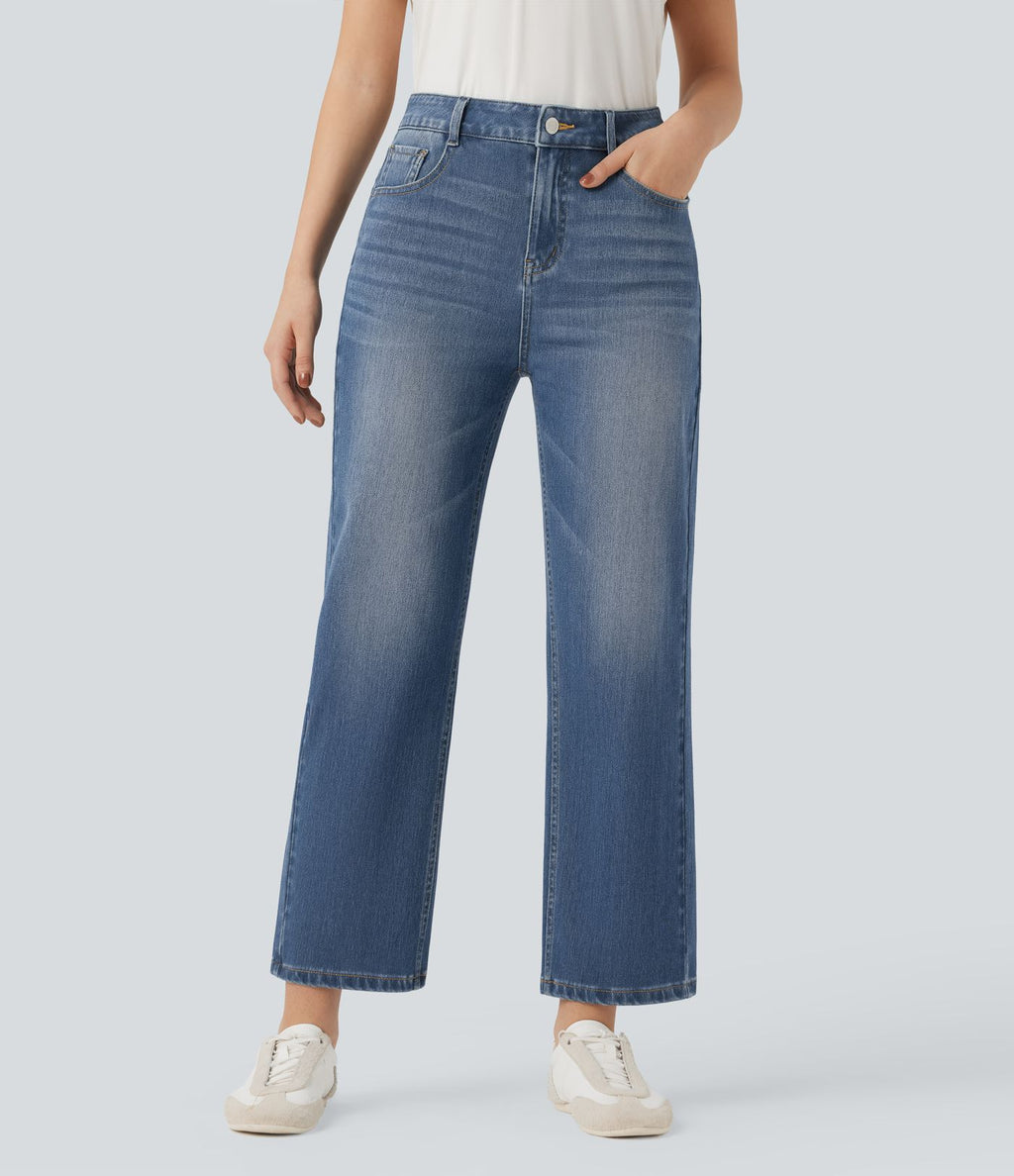 Jean 7/8 décontracté délavé taille haute coupe droite Halara Flex™ avec poches
