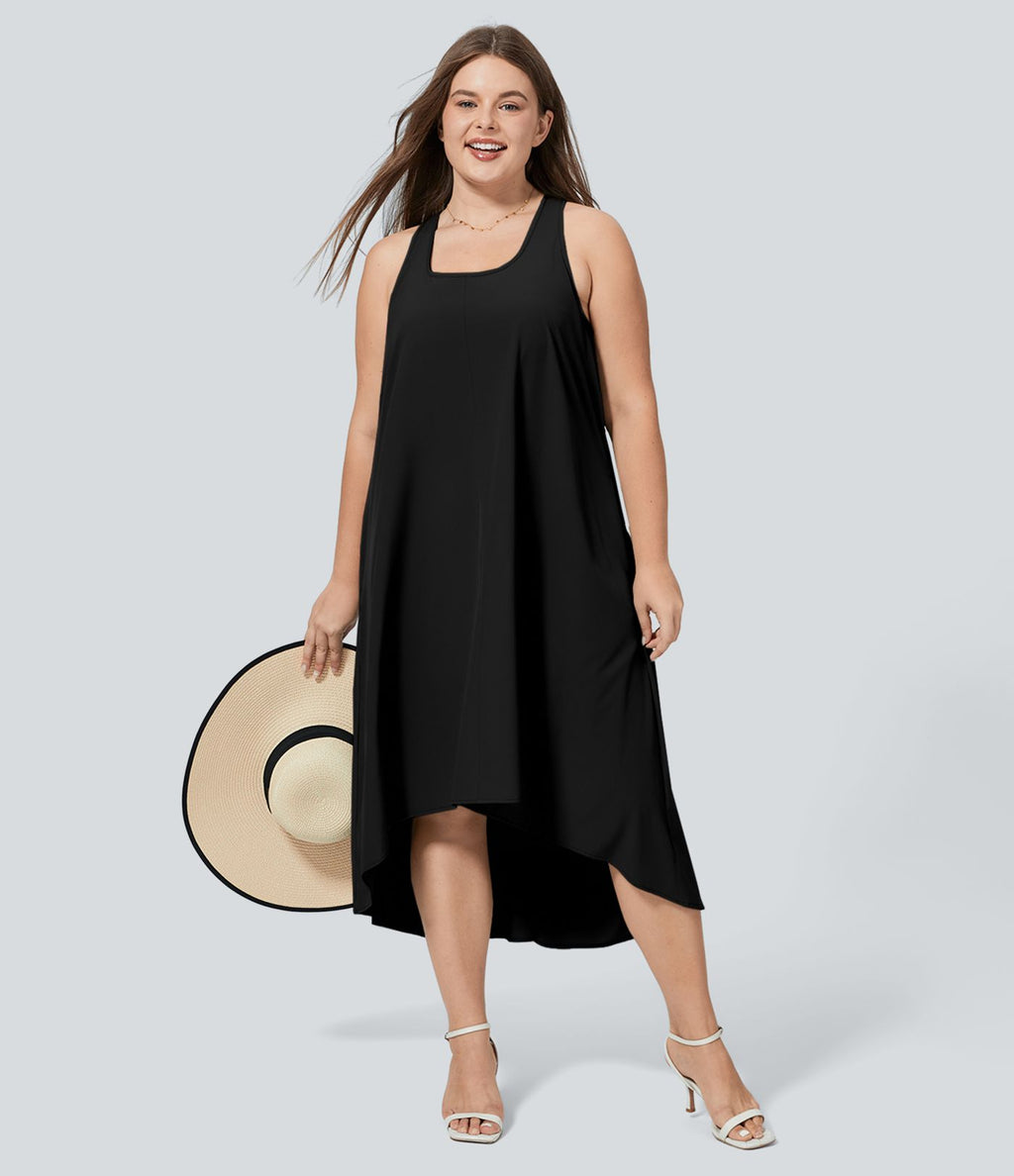 Breezeful™ Dos Nu Racerback Poche Latérale Haut Bas Fluide Midi Séchage Rapide Décontracté Robe Grande Taille