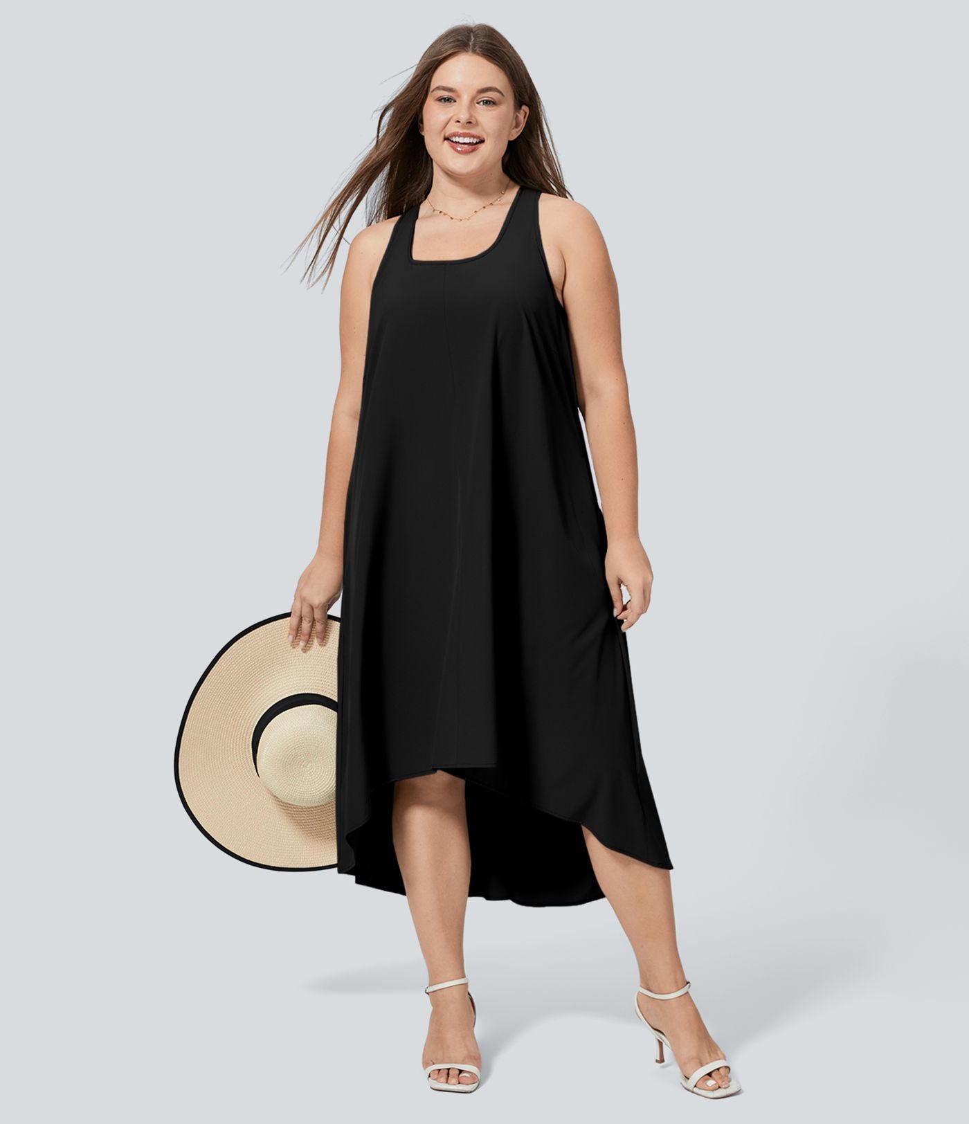 Breezeful™ Dos Nu Racerback Poche Latérale Haut Bas Fluide Midi Séchage Rapide Décontracté Robe Grande Taille