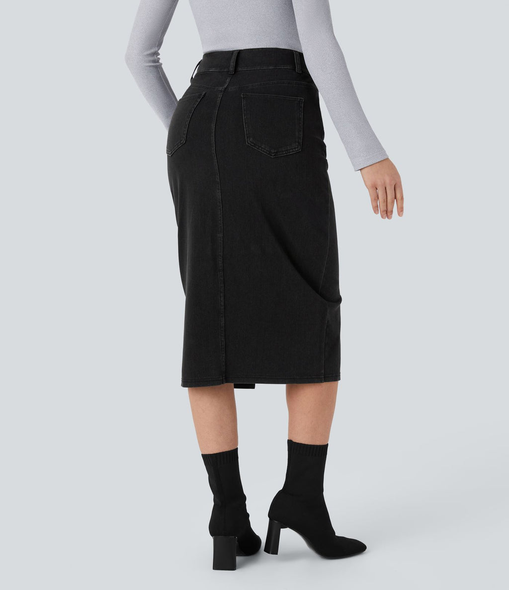 Halara Flex™ Jupe en Jean Midi Casual Tricot Extensible Taille Haute Poches Multiples