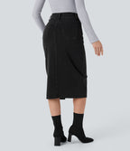 Halara Flex™ Jupe en Jean Midi Casual Tricot Extensible Taille Haute Poches Multiples
