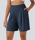 Bermuda Large Fluide Taille Haute avec Plis et Poches Latérales en Lin Synthétique