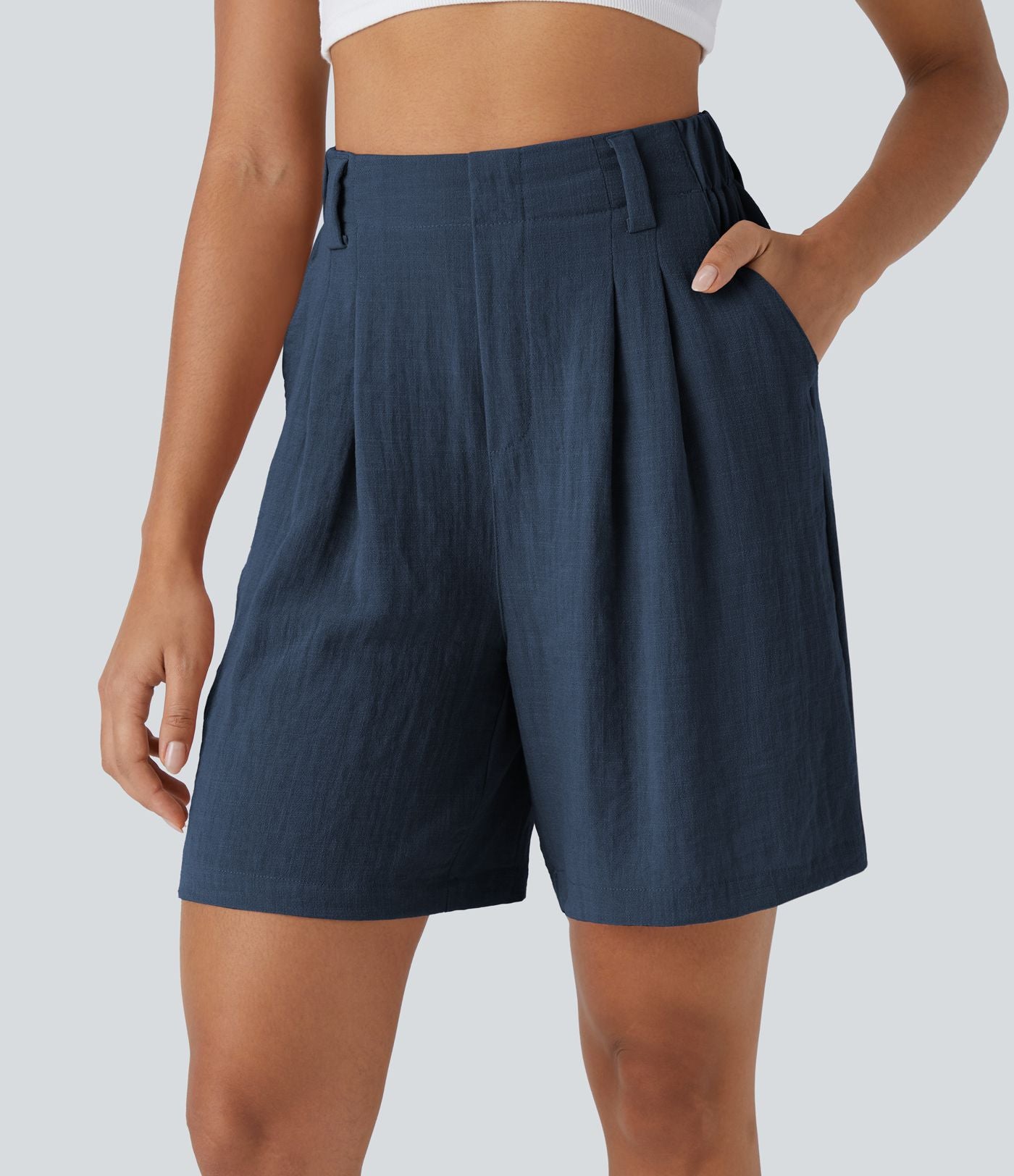 Bermuda Large Fluide Taille Haute avec Plis et Poches Latérales en Lin Synthétique