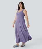 Robe Maxi Casual Grande Taille à Col U Sans Dos Fendue et Fluide