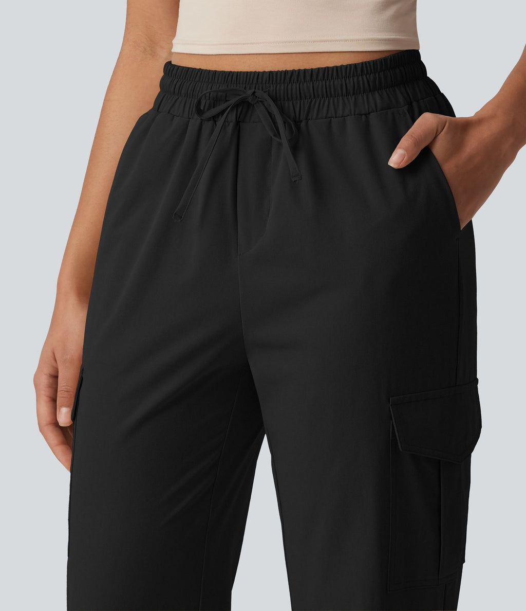 Jogging cargo décontracté popeline extensible taille mi-haute avec cordon de serrage et poches