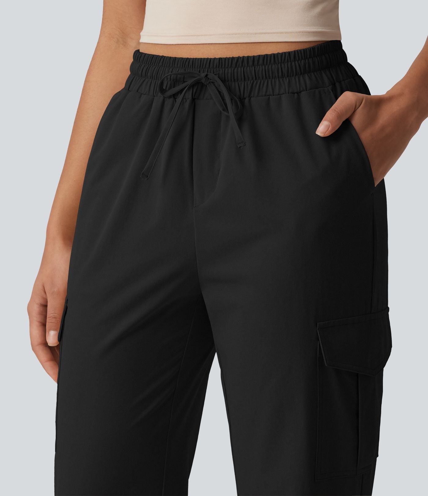Jogging cargo décontracté popeline extensible taille mi-haute avec cordon de serrage et poches