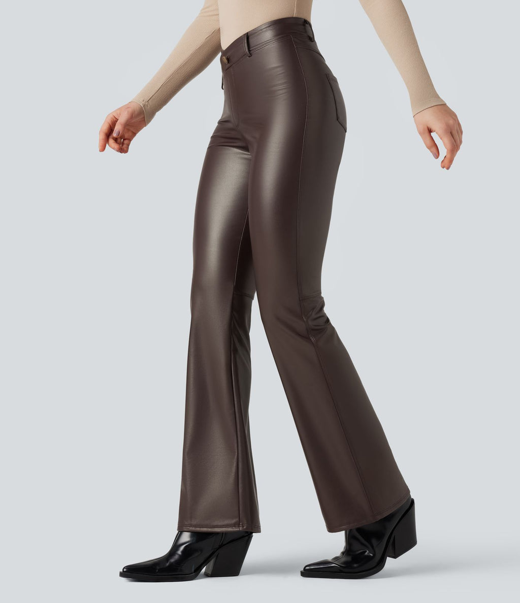 Pantalon évasé asymétrique polaire PU gainant extensible taille haute avec poches