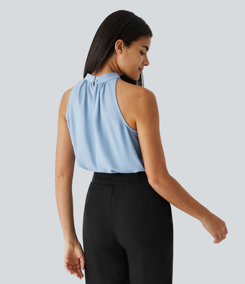 Blouse Travail Sans Manches Ourlet Courbé Col Haut Découpe au Dos Plis