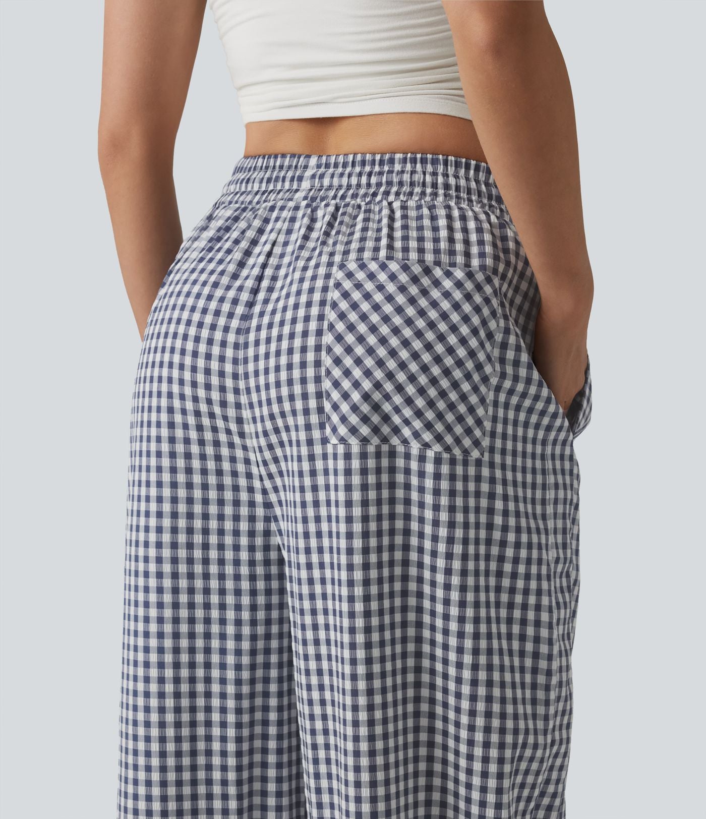 Pantalon ample décontracté à carreaux vichy, taille mi-haute, cordon de serrage et poches