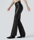 Pantalon évasé asymétrique polaire PU gainant extensible taille haute avec poches