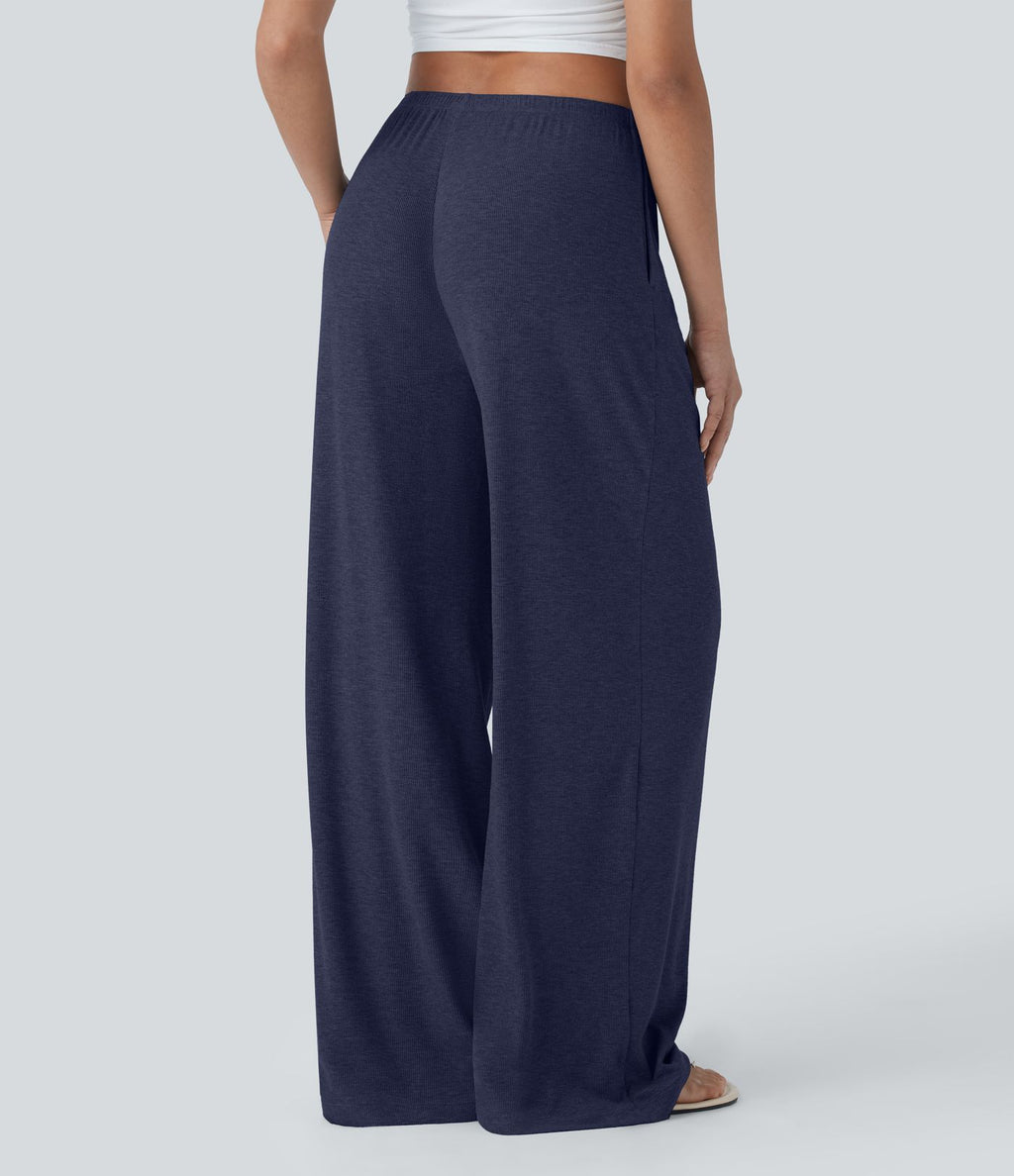 Pantalon fluide ample à taille basse avec cordon de serrage, côtes extensibles, doux pour la peau et poches latérales