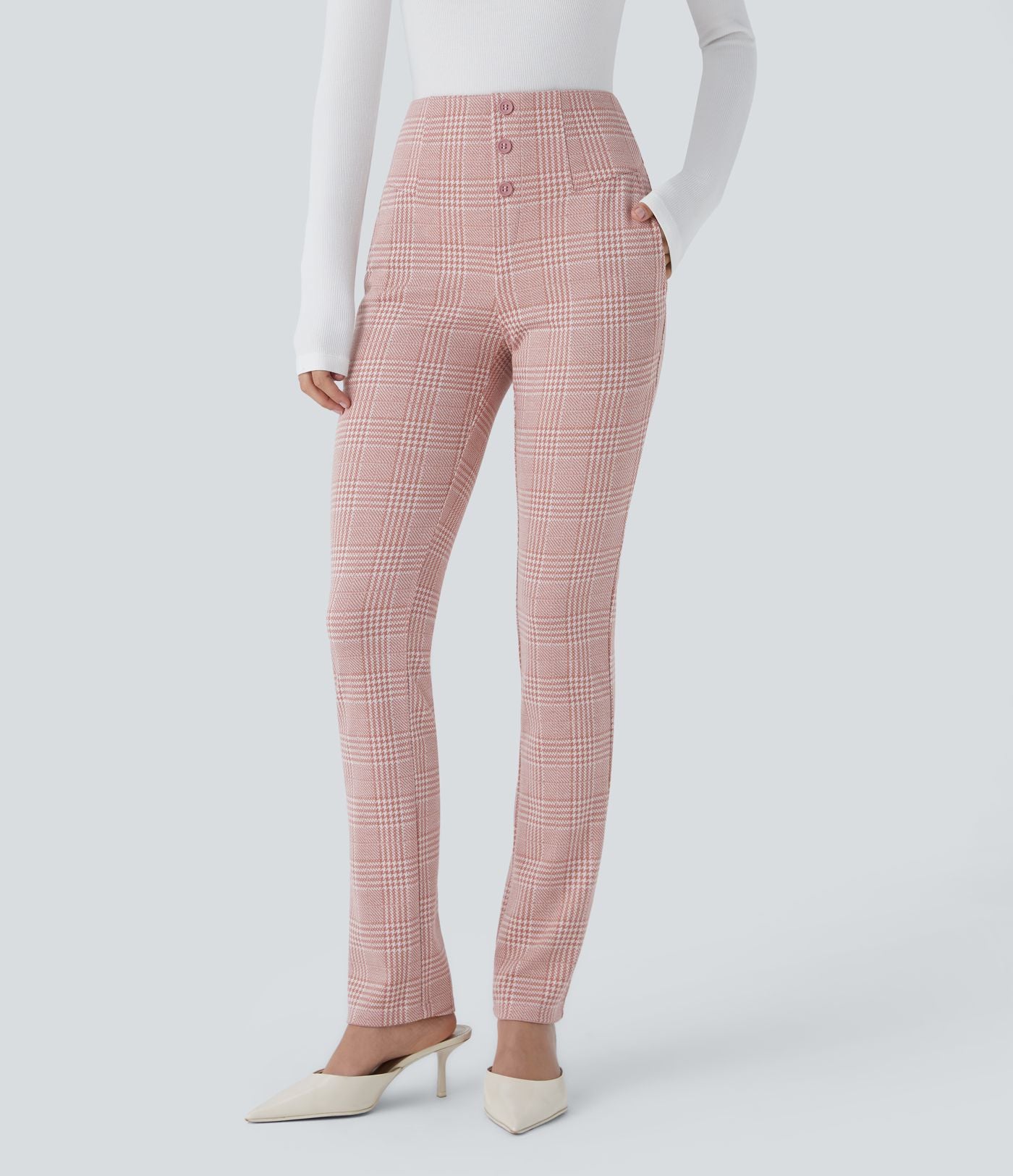 Halara Flex™ Pantalon tailleur Cintrés à Taille Haute avec Boutons Décoratifs Poches Latérales et Imprimé Pied-de-Poule