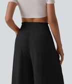 Pantalon fluide décontracté taille haute froncé aspect lin avec poches