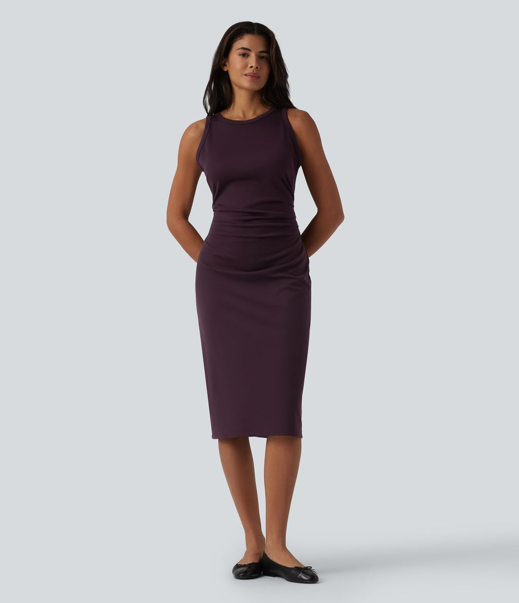 Robe casual mi-longue bodycon froncée col rond sans manches