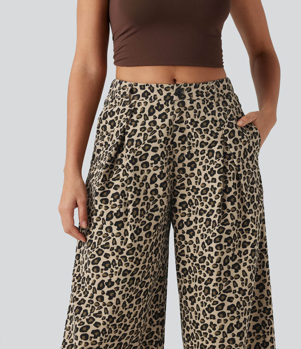 Pantalon large décontracté imprimé léopard taille mi-haute avec poches