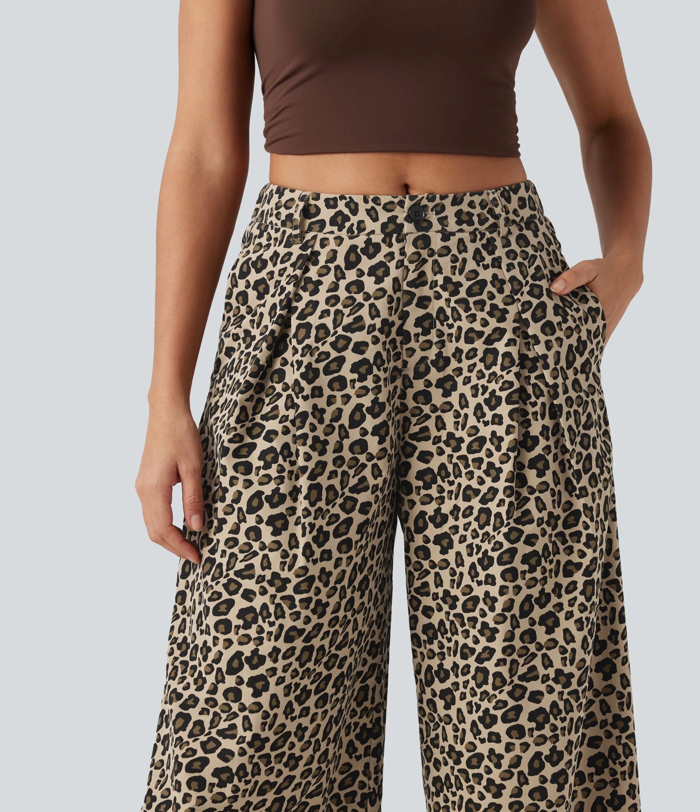 Pantalon large décontracté imprimé léopard taille mi-haute avec poches
