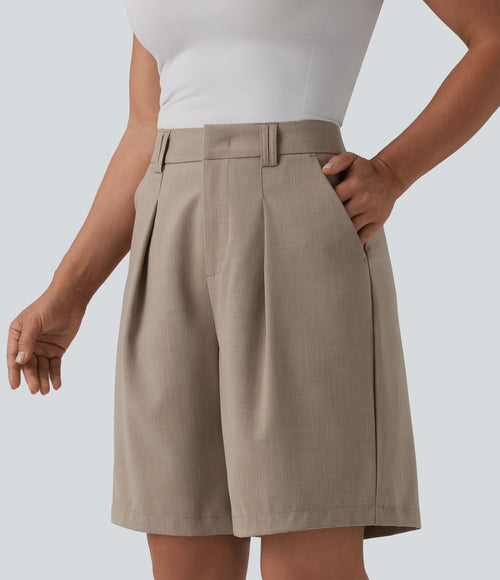 Bermuda tailleur taille haute aspect lin avec poches