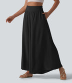 Pantalon fluide décontracté taille haute froncé aspect lin avec poches