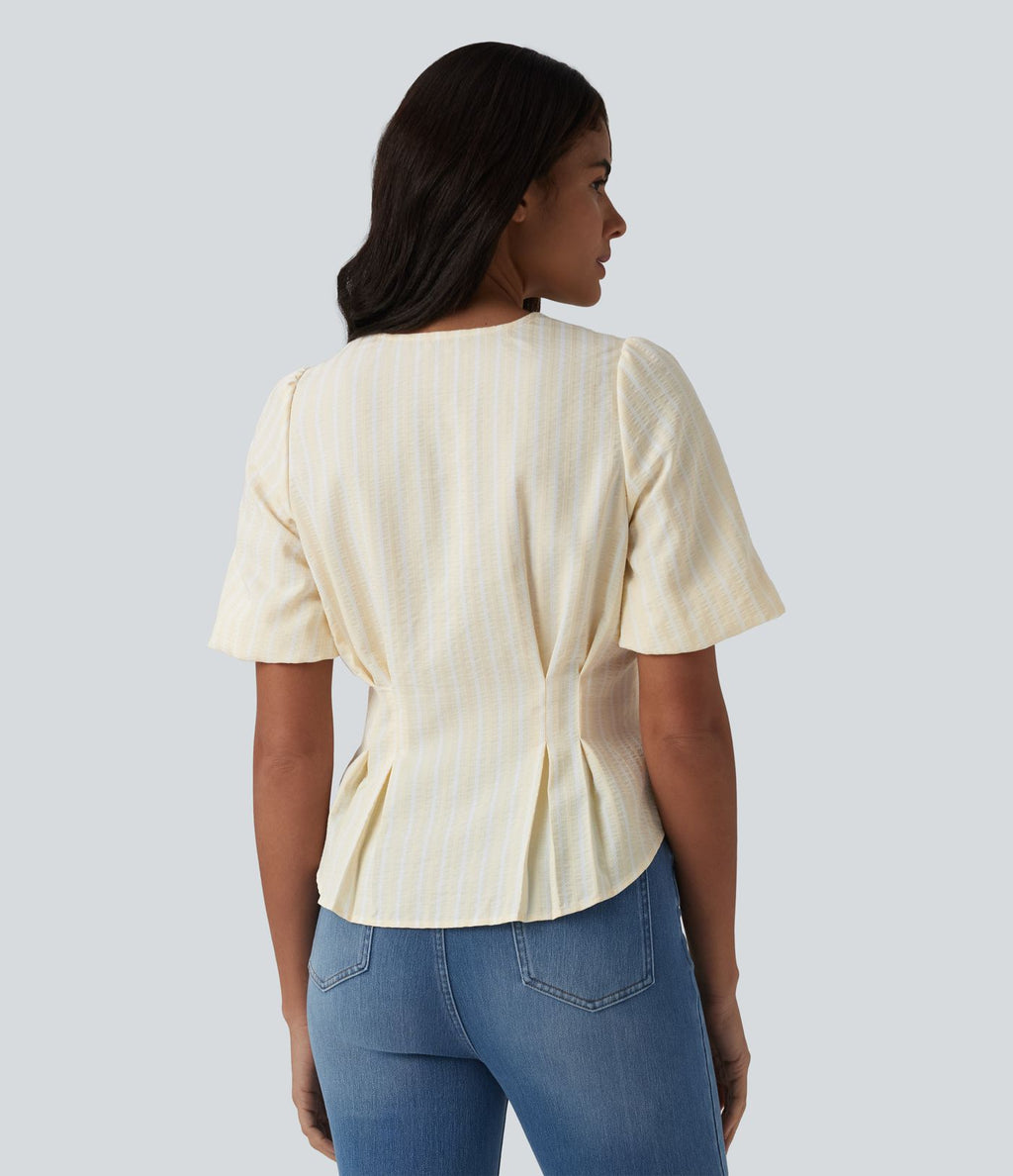 Blouse casual à rayures col V et manches bouffantes mi-longues