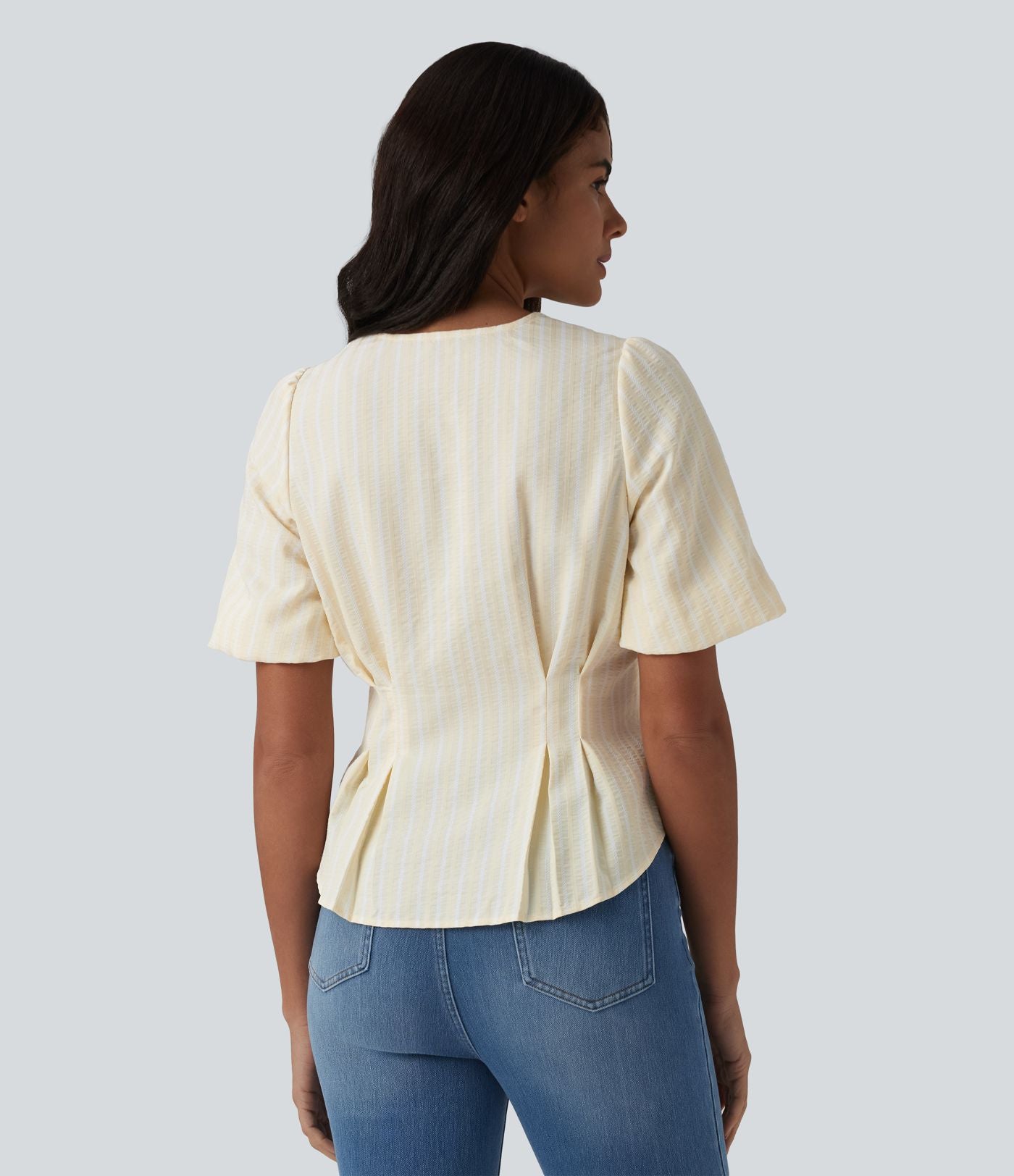 Blouse casual à rayures col V et manches bouffantes mi-longues