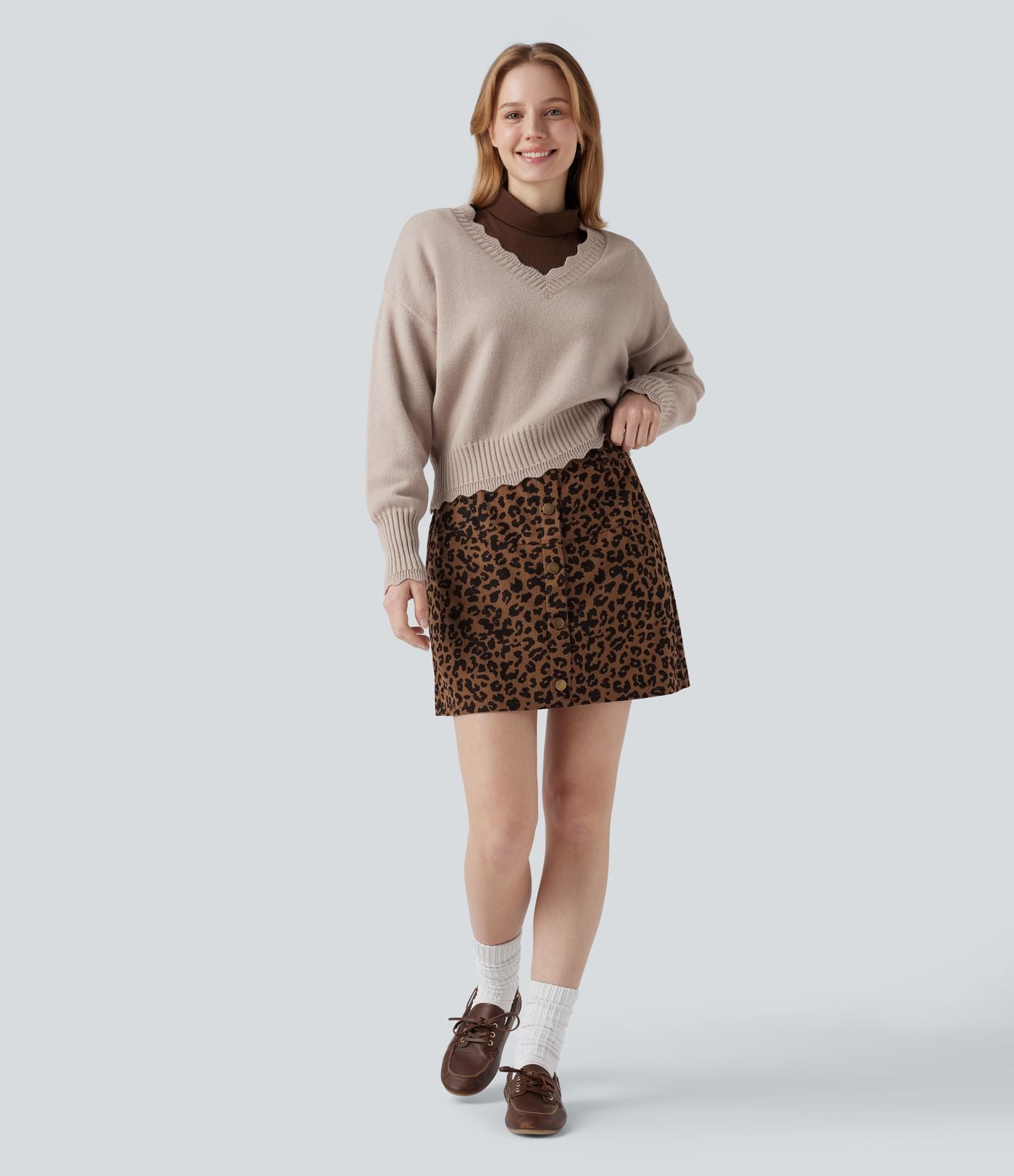 Jupe mini décontractée 2-en-1 taille haute imprimé léopard avec poche