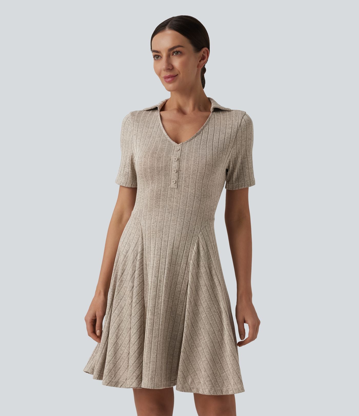 Robe mini casual évasée col V manches courtes en maille côtelée