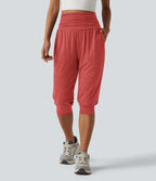 Jogging yoga corsaire chiné taille haute à fronces avec poches