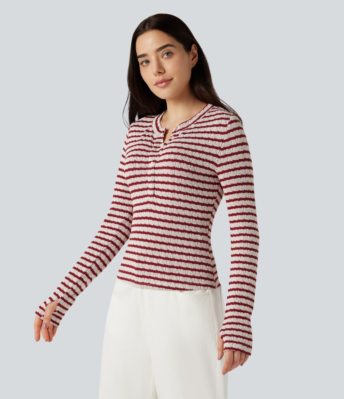 T-shirt rayé col Henley manches longues avec trous pouces