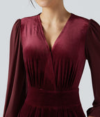Combinaison velours mesh contrastant col V manches longues bouffantes avec poches