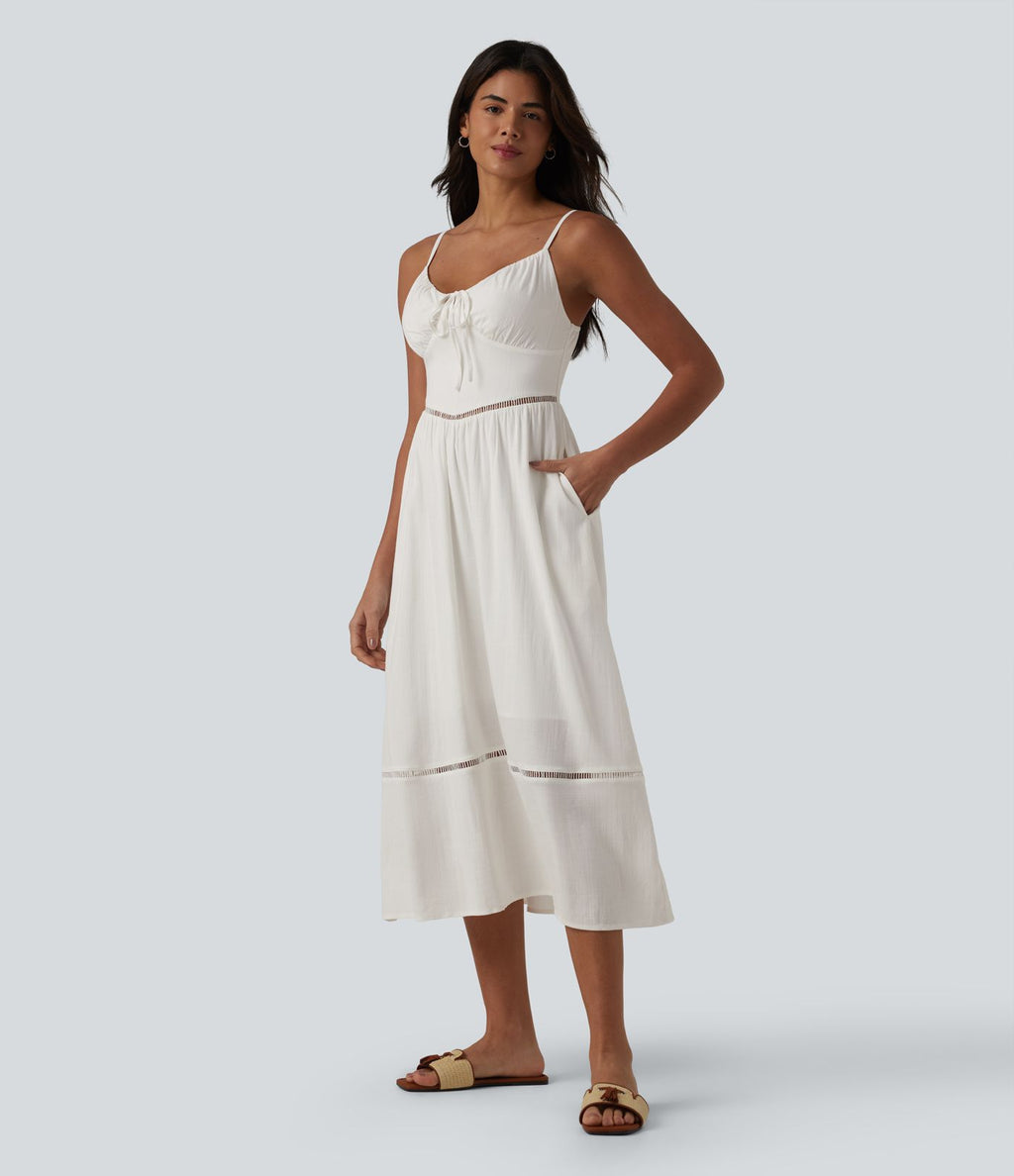 Robe nuisette midi aspect lin avec nœud devant, découpes et poches