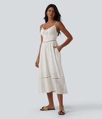 Robe nuisette midi aspect lin avec nœud devant, découpes et poches