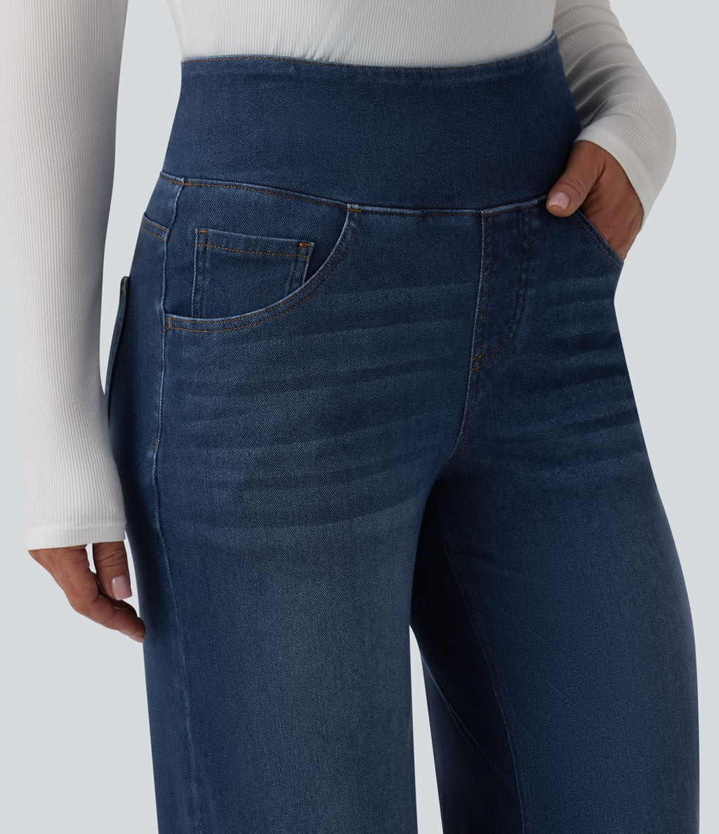 Halara Flex™ Jean large casual taille haute ventre plat, en lyocell drapé effet délavé, avec poches