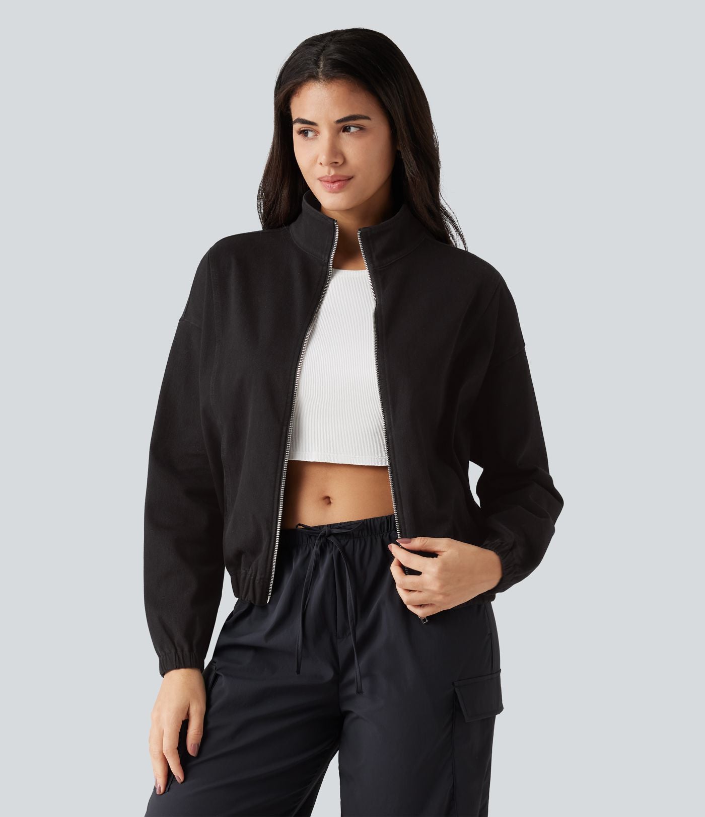 Veste en jean Halara Flex™ à col montant avec manches longues, zip et poches