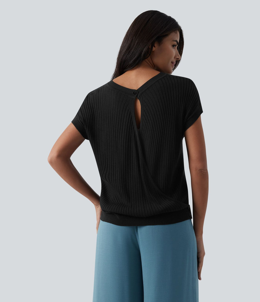 Pull casual col rond manches chauve-souris croisé dos nu