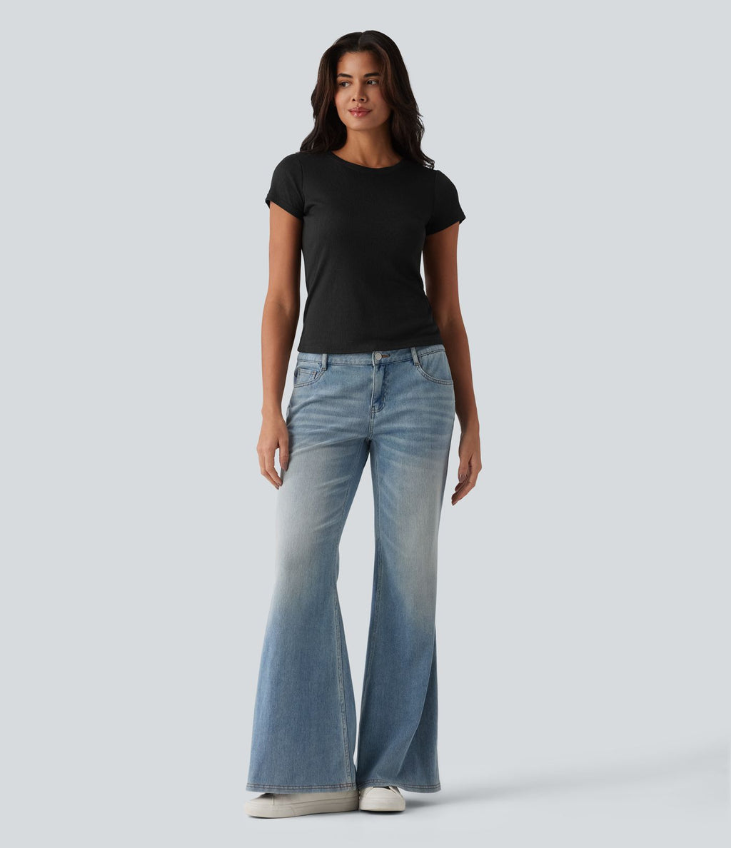 T-shirt casual semi-transparent côtelé maille col rond manches courtes