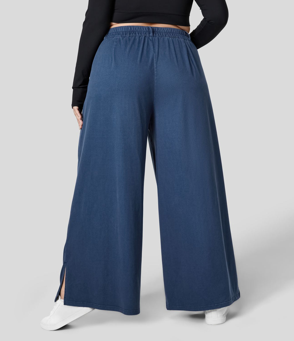 Pantalon Large Casual Taille Haute Boutonnés Fermeture Éclair Plissé Poches Latérales Ourlet Fendu Grande Taille