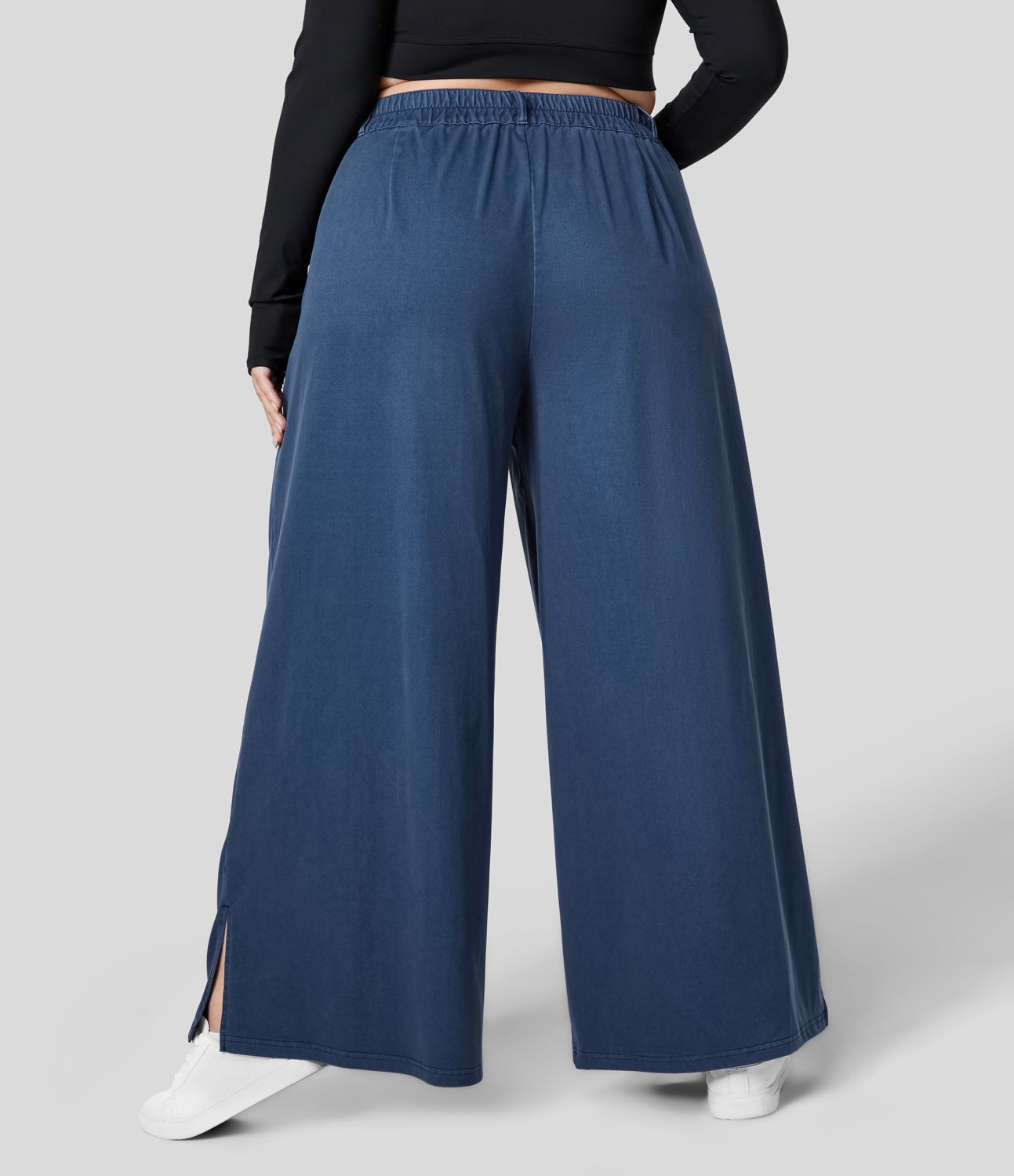 Pantalon Large Casual Taille Haute Boutonnés Fermeture Éclair Plissé Poches Latérales Ourlet Fendu Grande Taille