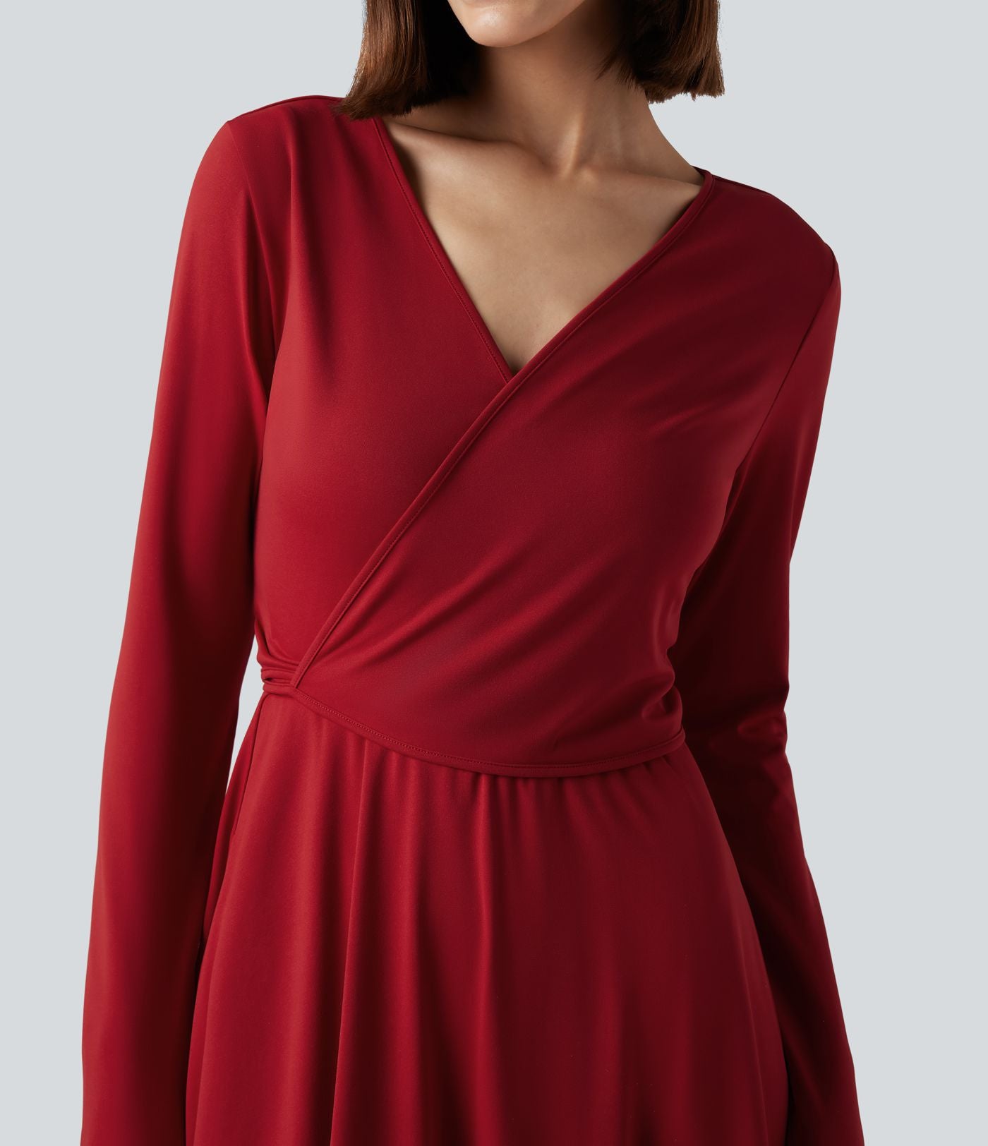 Robe mi-longue deux pièces à manches longues effet cache-cœur avec nœud au dos et poches