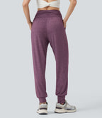 Jogging taille haute froncé chiné avec poches