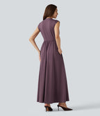 Robe midi fluide esprit bureau sans manches col V avec poches