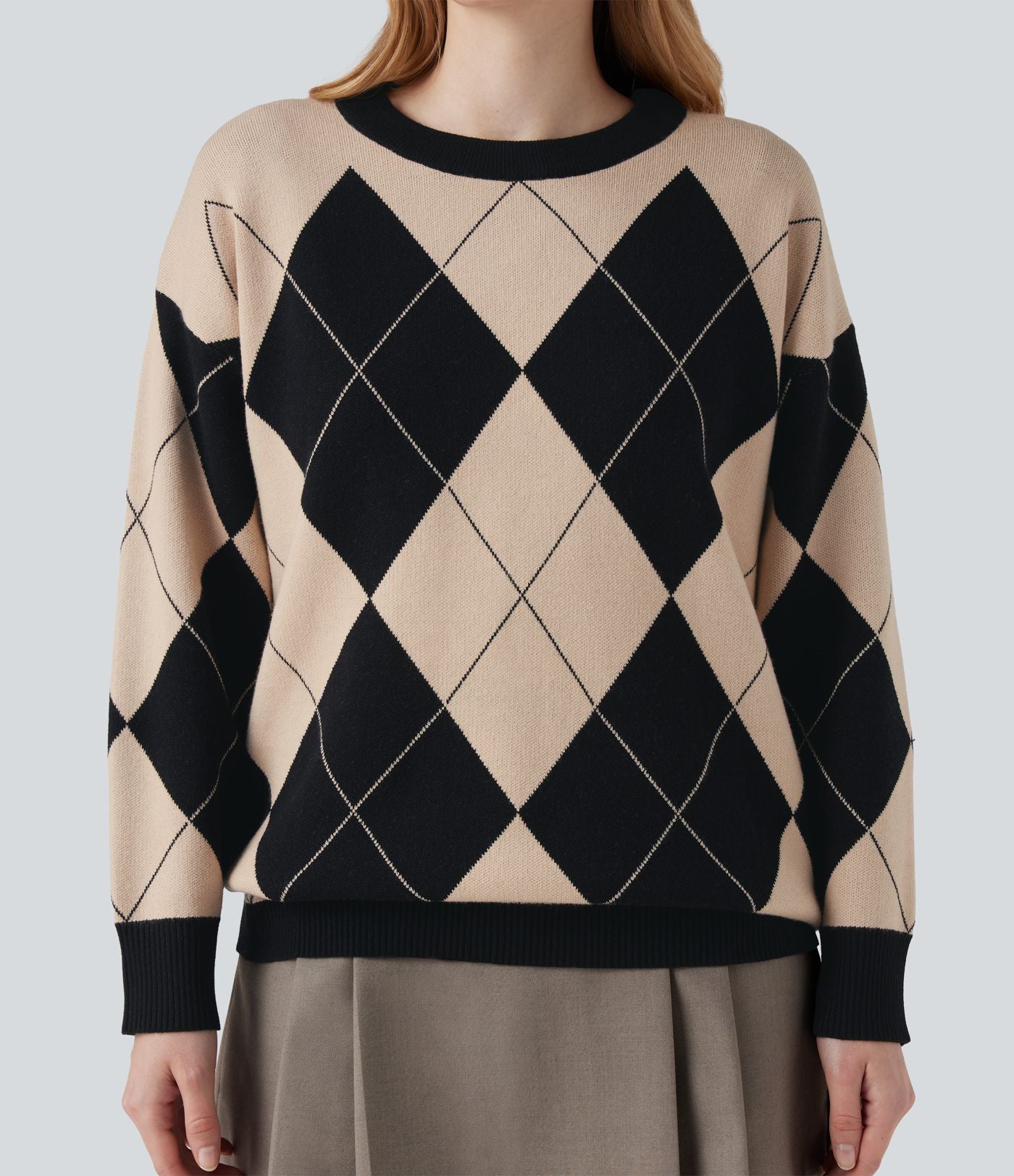 Pull de travail carreaux losange col rond manches longues