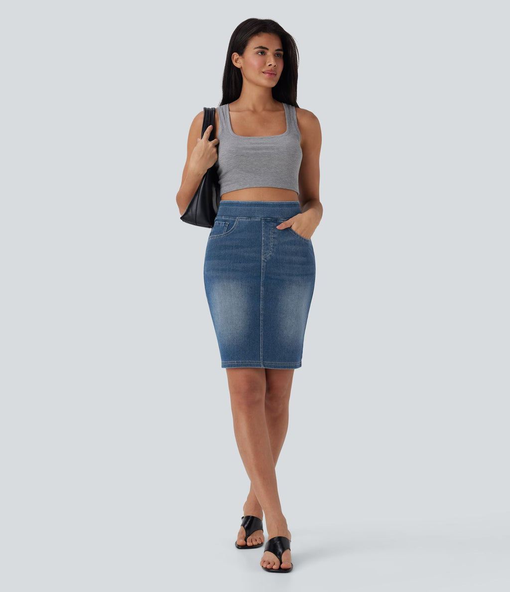 Halara Flex™ Jupe en Jean décontractée stretch délavé à taille haute, multiples poches et fente latérale