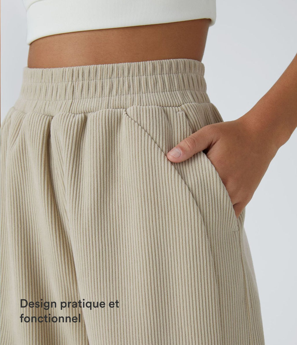 Pantalon velours côtelé de jogging décontracté à taille haute avec poches latérales