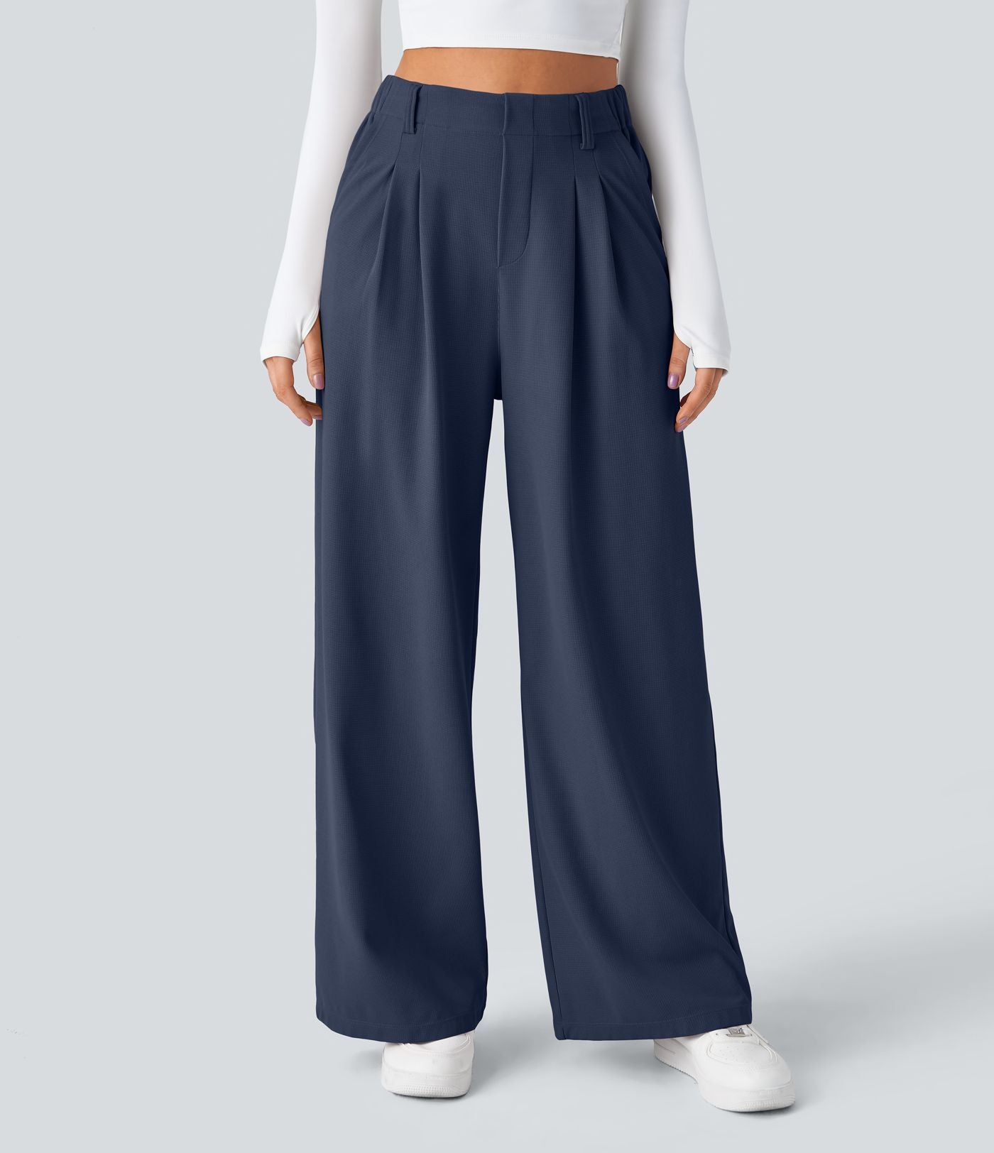 Pantalon Tailleur Large Fluide Halara Flex™ Gaufré Taille Haute Poches Latérales
